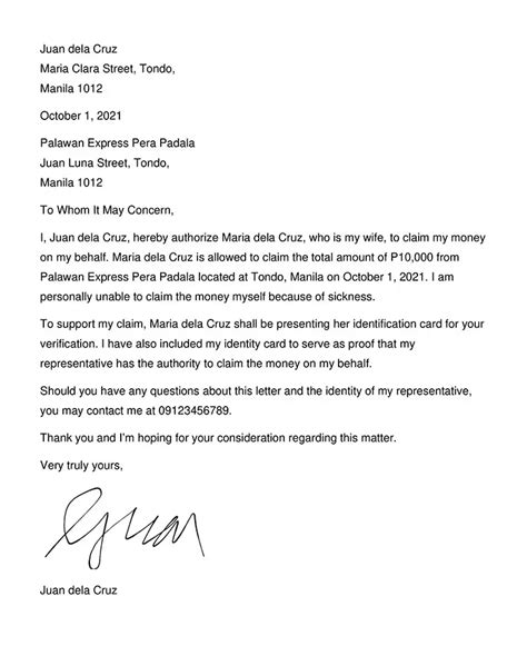 authorization letter sample to claim money tagalog